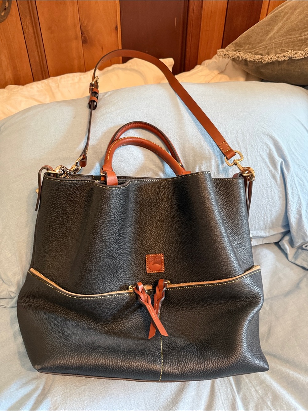 Dooney & Bourke Black Pebble Leather Tote with Brown Trim and Strap